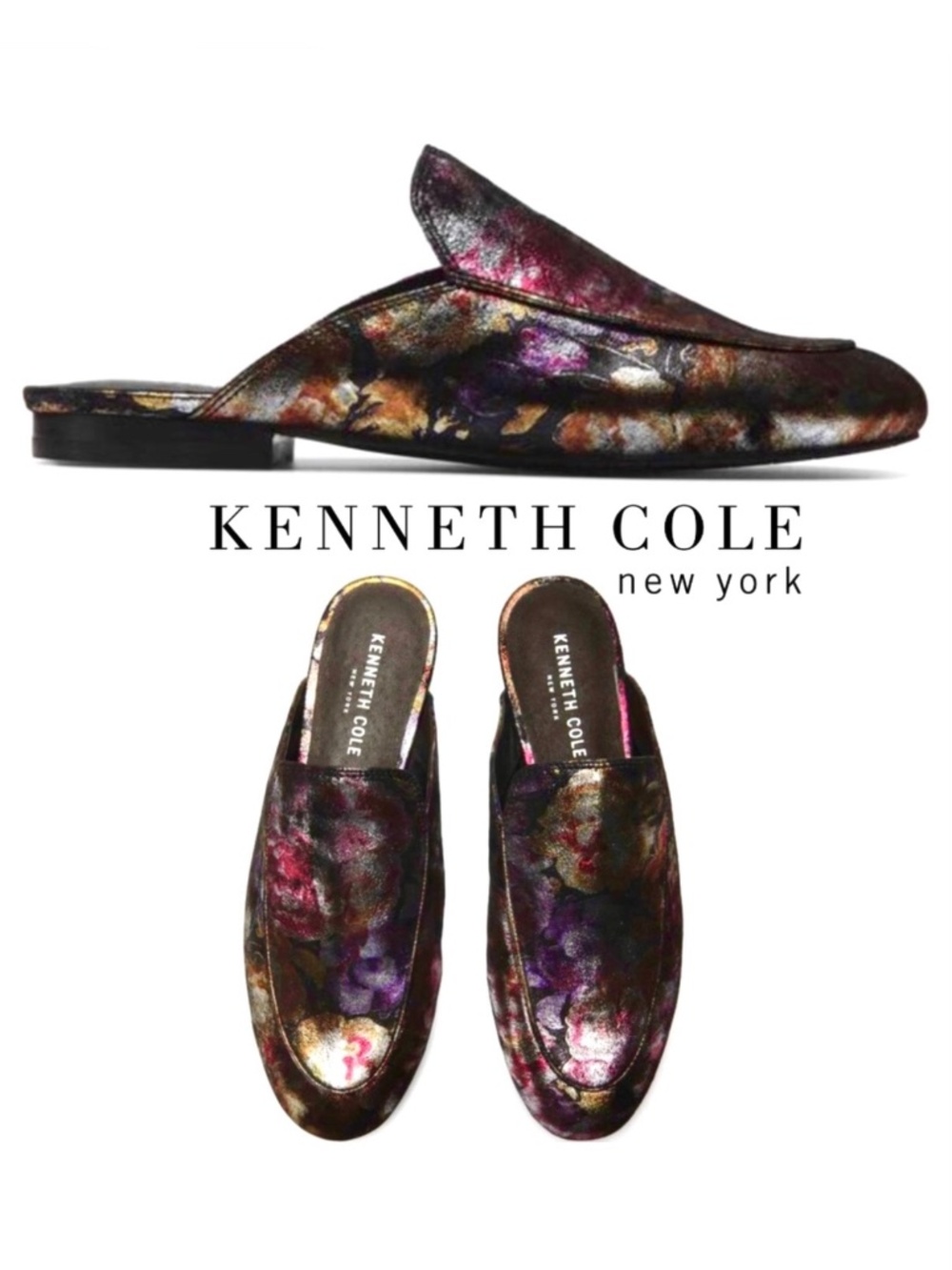 Kenneth Cole Wallice Floral Leather Mule Loafers Slip-On Round Toe Low Heel Shoe